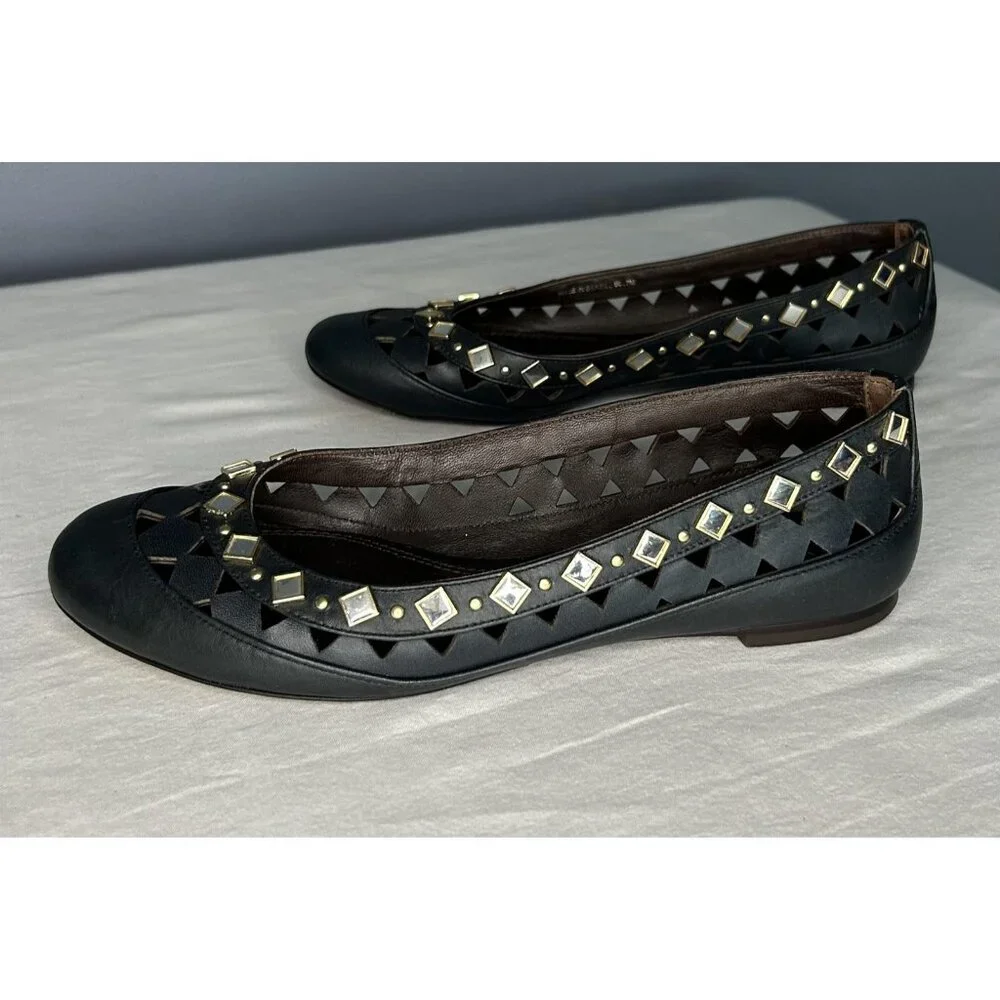 Tory Burch Shoes Womens 7 Black Kingsbridge Leather Ballet Flats Mirrored Cutout